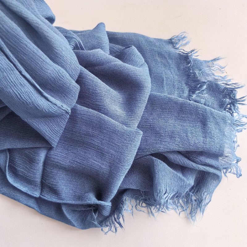 WJA79  Plain natural crinkle cotton hijab with fringes on both ends