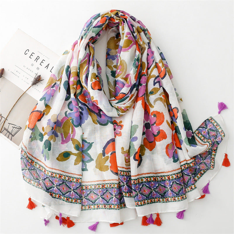 SL2202-009  Women's Ethnic Cotton Linen Feel Scarf with Wheat Ears Tassels
