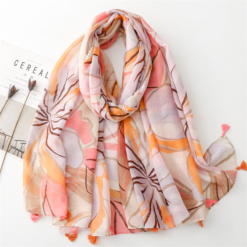 SL2202-009  Women's Ethnic Cotton Linen Feel Scarf with Wheat Ears Tassels