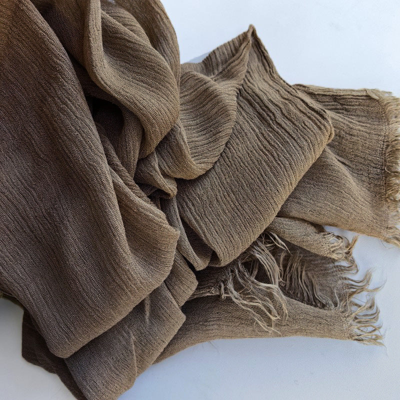 WJA79  Plain natural crinkle cotton hijab with fringes on both ends