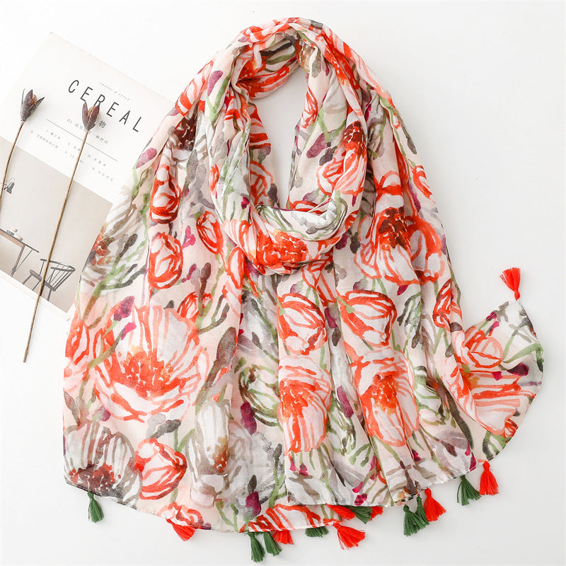 SL2202-009  Women's Ethnic Cotton Linen Feel Scarf with Wheat Ears Tassels