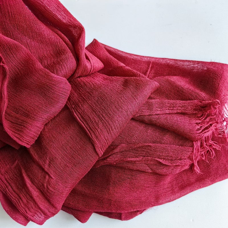 WJA79  Plain natural crinkle cotton hijab with fringes on both ends
