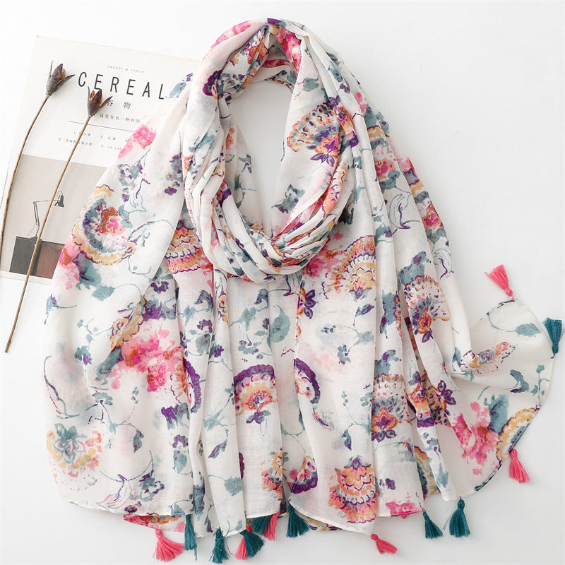 SL2202-009  Women's Ethnic Cotton Linen Feel Scarf with Wheat Ears Tassels