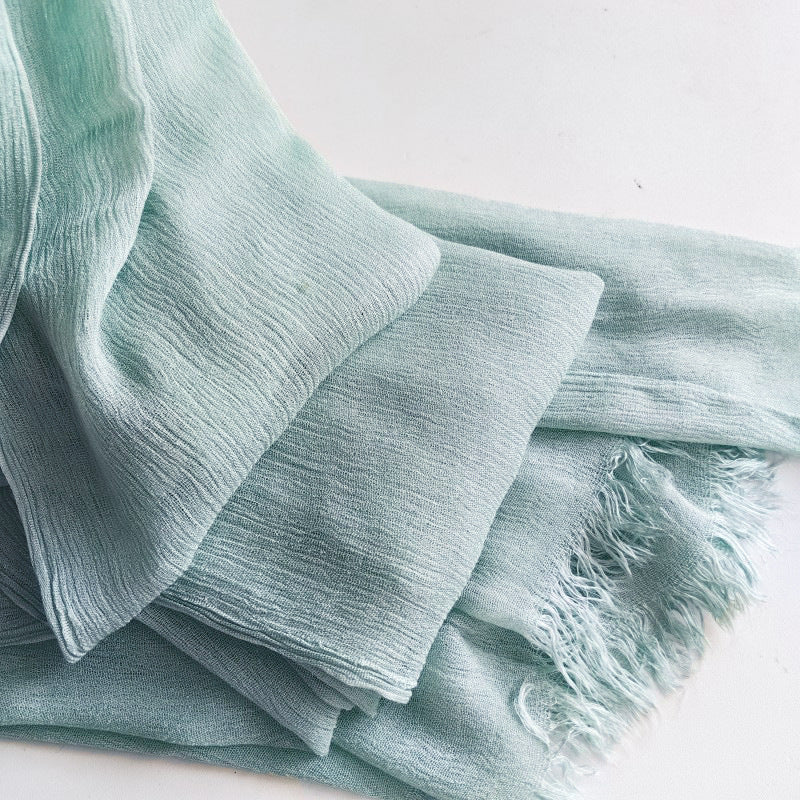 WJA79  Plain natural crinkle cotton hijab with fringes on both ends