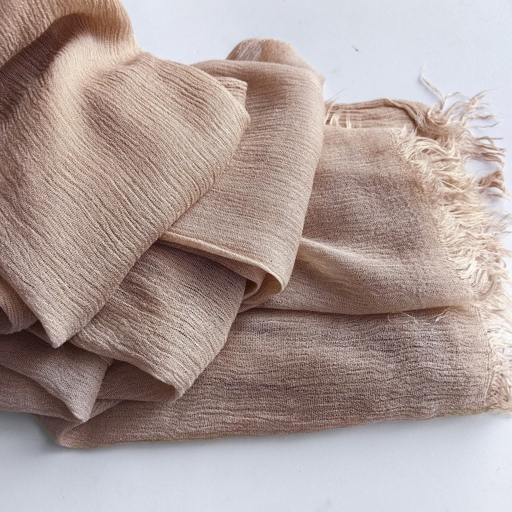 WJA79  Plain natural crinkle cotton hijab with fringes on both ends