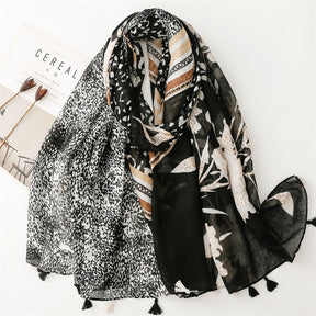 SL2202-009  Women's Ethnic Cotton Linen Feel Scarf with Wheat Ears Tassels