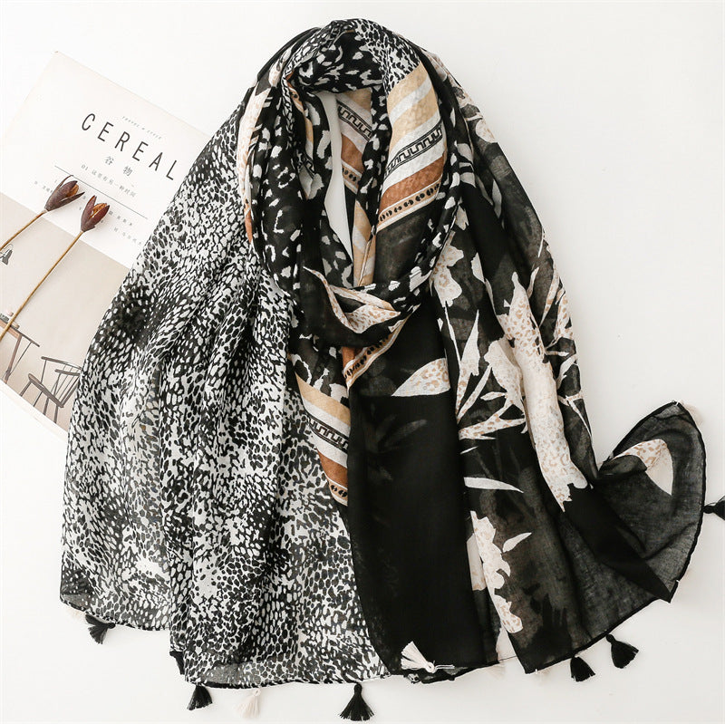 SL2202-009  Women's Ethnic Cotton Linen Feel Scarf with Wheat Ears Tassels