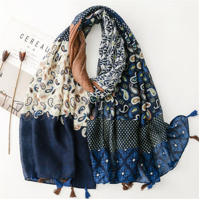 SL2202-009  Women's Ethnic Cotton Linen Feel Scarf with Wheat Ears Tassels