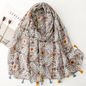 SL2202-009  Women's Ethnic Cotton Linen Feel Scarf with Wheat Ears Tassels