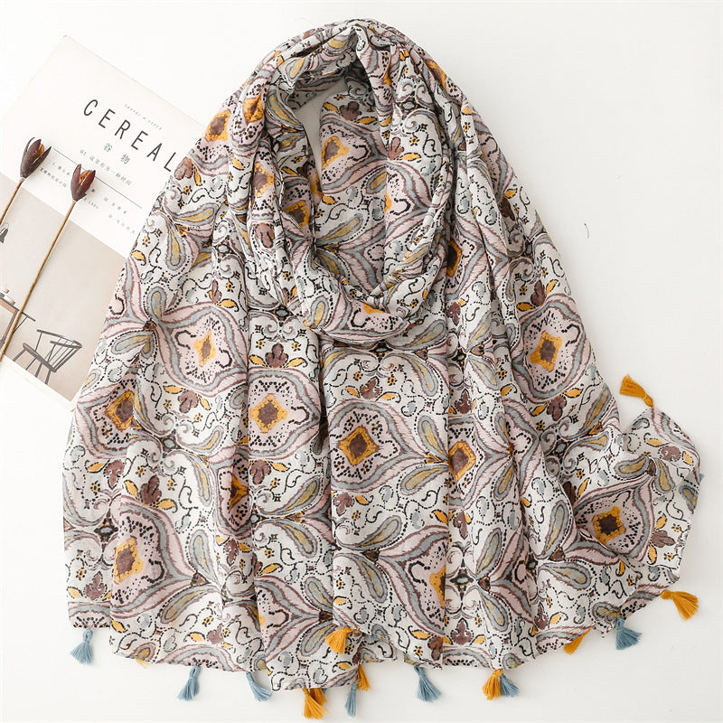 SL2202-009  Women's Ethnic Cotton Linen Feel Scarf with Wheat Ears Tassels