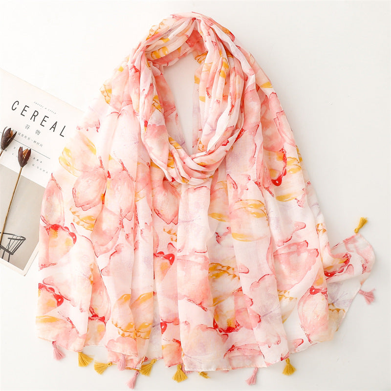 SL2202-009  Women's Ethnic Cotton Linen Feel Scarf with Wheat Ears Tassels