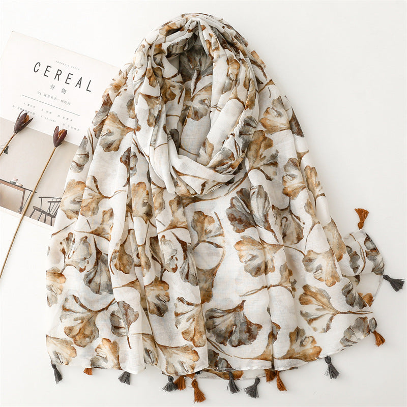 SL2202-009  Women's Ethnic Cotton Linen Feel Scarf with Wheat Ears Tassels