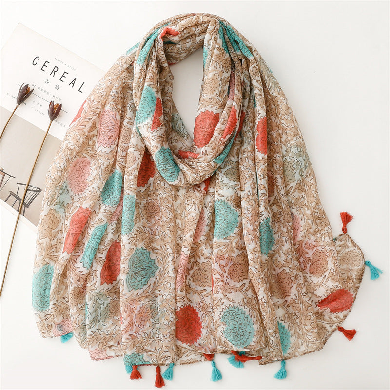 SL2202-009  Women's Ethnic Cotton Linen Feel Scarf with Wheat Ears Tassels