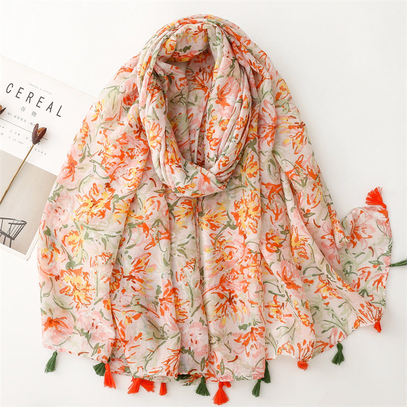 SL2202-009  Women's Ethnic Cotton Linen Feel Scarf with Wheat Ears Tassels
