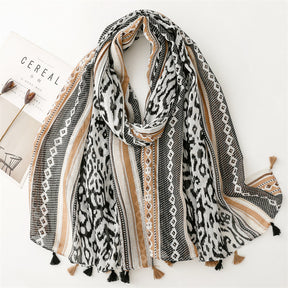SL2202-009  Women's Ethnic Cotton Linen Feel Scarf with Wheat Ears Tassels