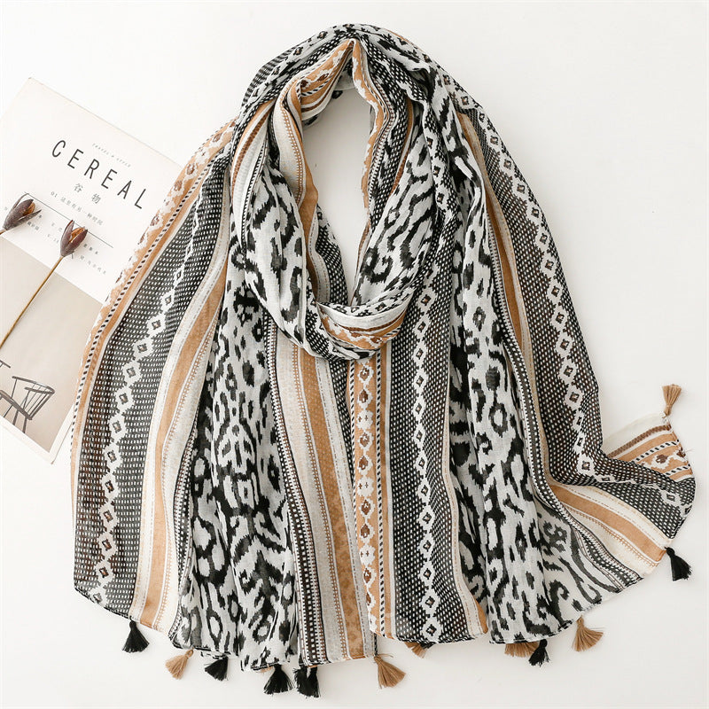 SL2202-009  Women's Ethnic Cotton Linen Feel Scarf with Wheat Ears Tassels