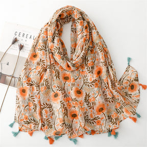 SL2202-009  Women's Ethnic Cotton Linen Feel Scarf with Wheat Ears Tassels