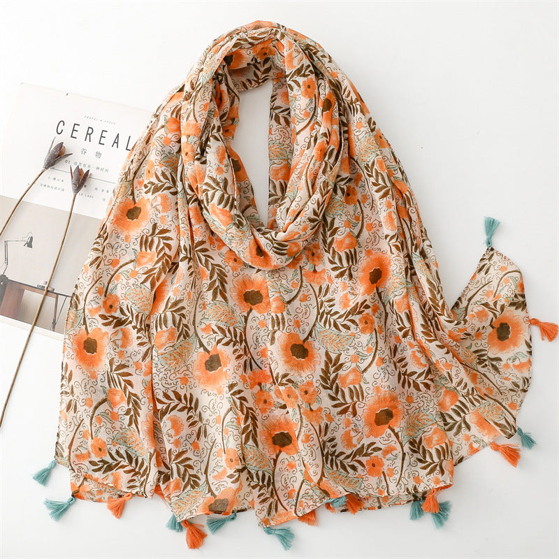 SL2202-009  Women's Ethnic Cotton Linen Feel Scarf with Wheat Ears Tassels