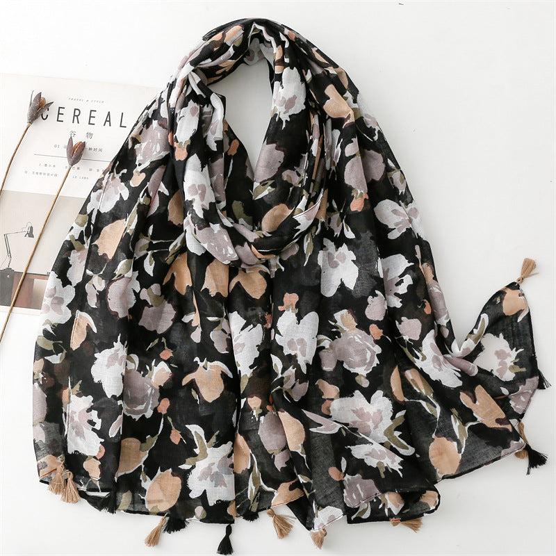 SL2202-009  Women's Ethnic Cotton Linen Feel Scarf with Wheat Ears Tassels
