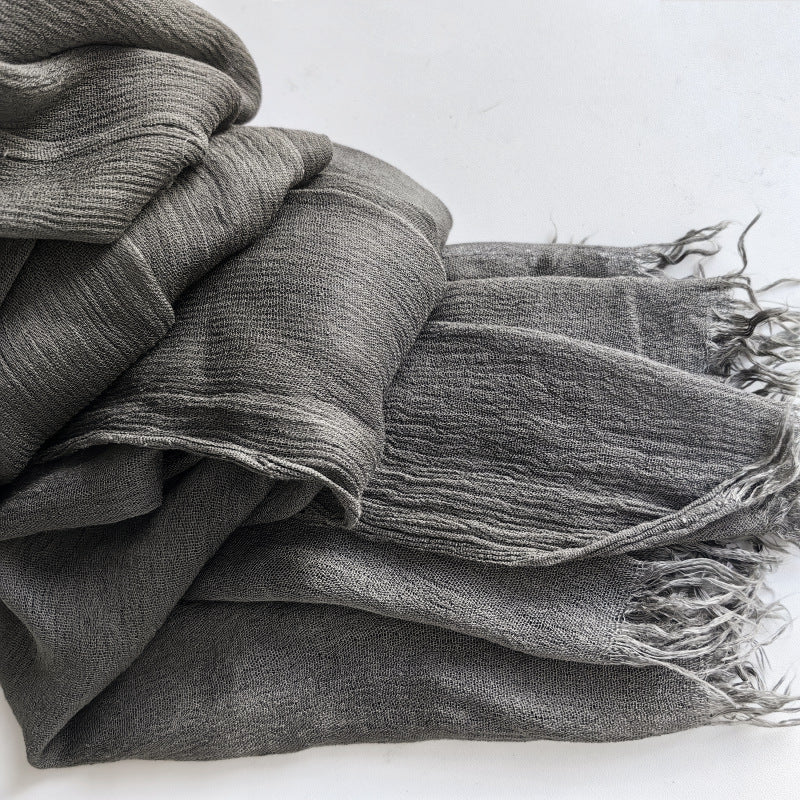 WJA79  Plain natural crinkle cotton hijab with fringes on both ends