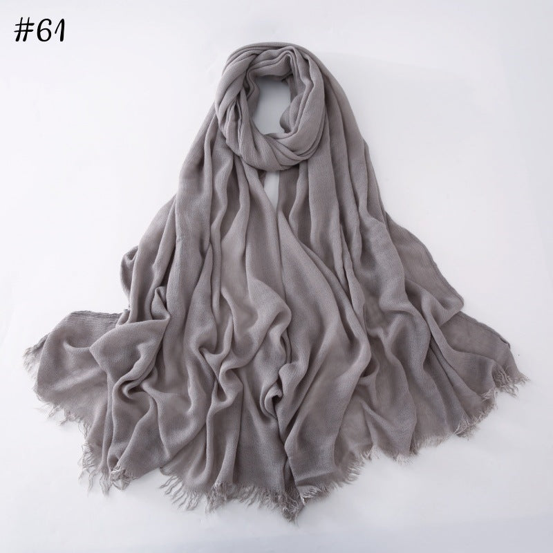 WJA79  Plain natural crinkle cotton hijab with fringes on both ends