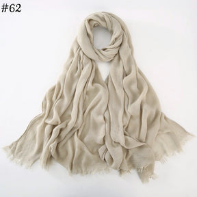 WJA79  Plain natural crinkle cotton hijab with fringes on both ends