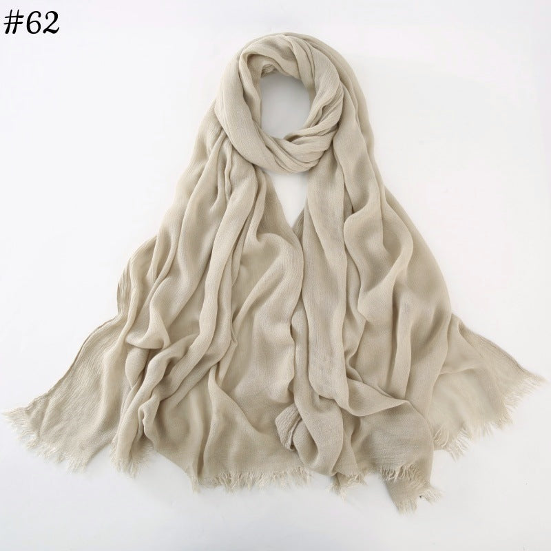 WJA79  Plain natural crinkle cotton hijab with fringes on both ends