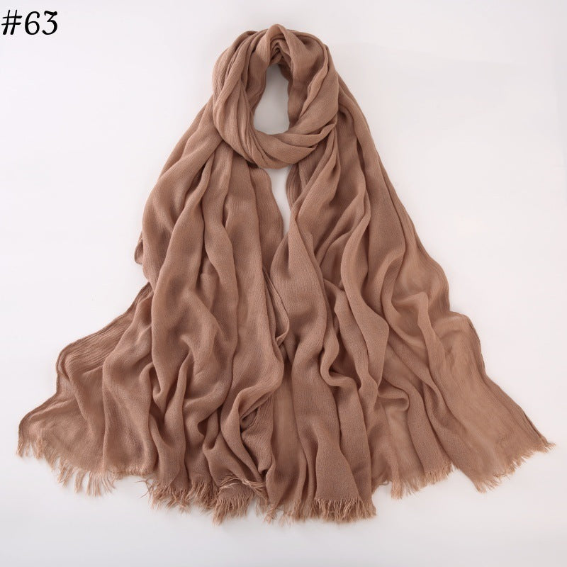 WJA79  Plain natural crinkle cotton hijab with fringes on both ends
