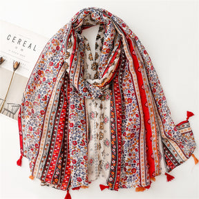 SL2202-009  Women's Ethnic Cotton Linen Feel Scarf with Wheat Ears Tassels