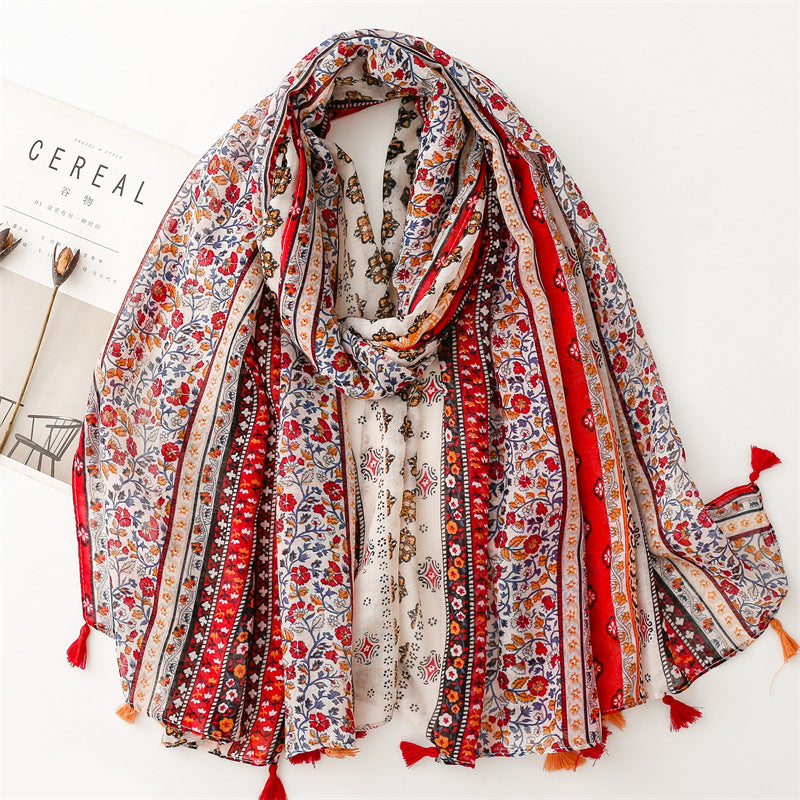 SL2202-009  Women's Ethnic Cotton Linen Feel Scarf with Wheat Ears Tassels