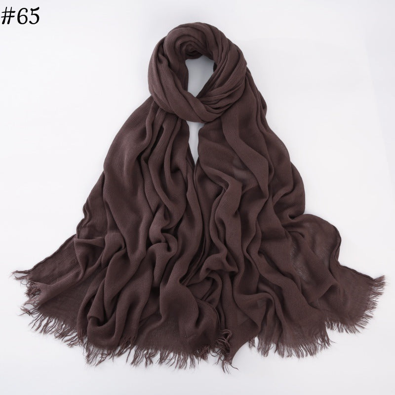 WJA79  Plain natural crinkle cotton hijab with fringes on both ends