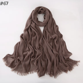 WJA79  Plain natural crinkle cotton hijab with fringes on both ends