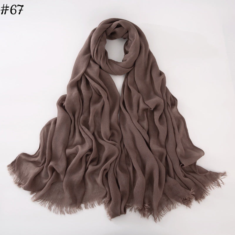 WJA79  Plain natural crinkle cotton hijab with fringes on both ends