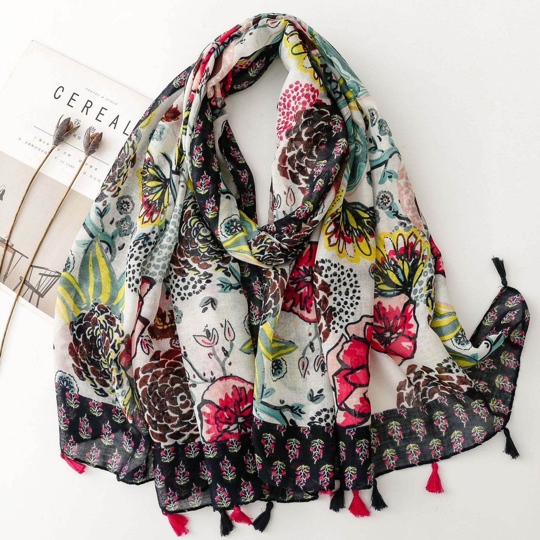 SL2202-009  Women's Ethnic Cotton Linen Feel Scarf with Wheat Ears Tassels