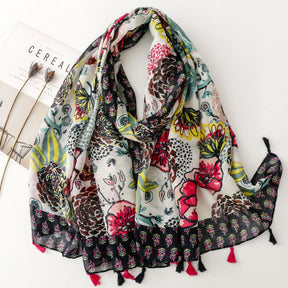 SL2202-009  Women's Ethnic Cotton Linen Feel Scarf with Wheat Ears Tassels