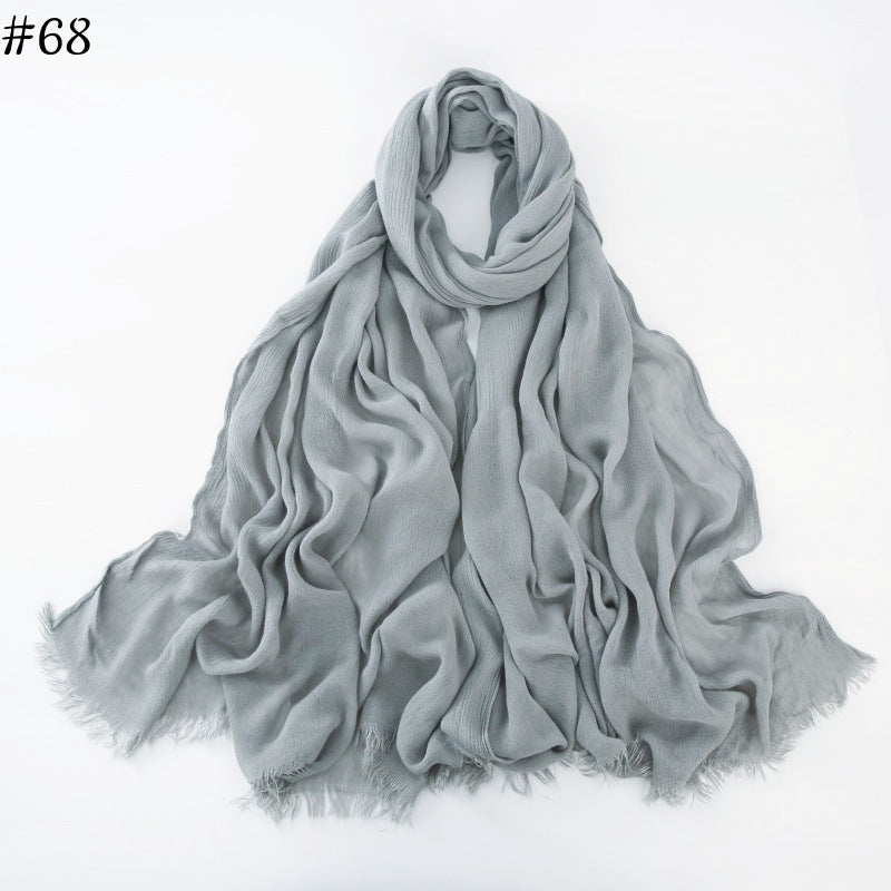 WJA79  Plain natural crinkle cotton hijab with fringes on both ends