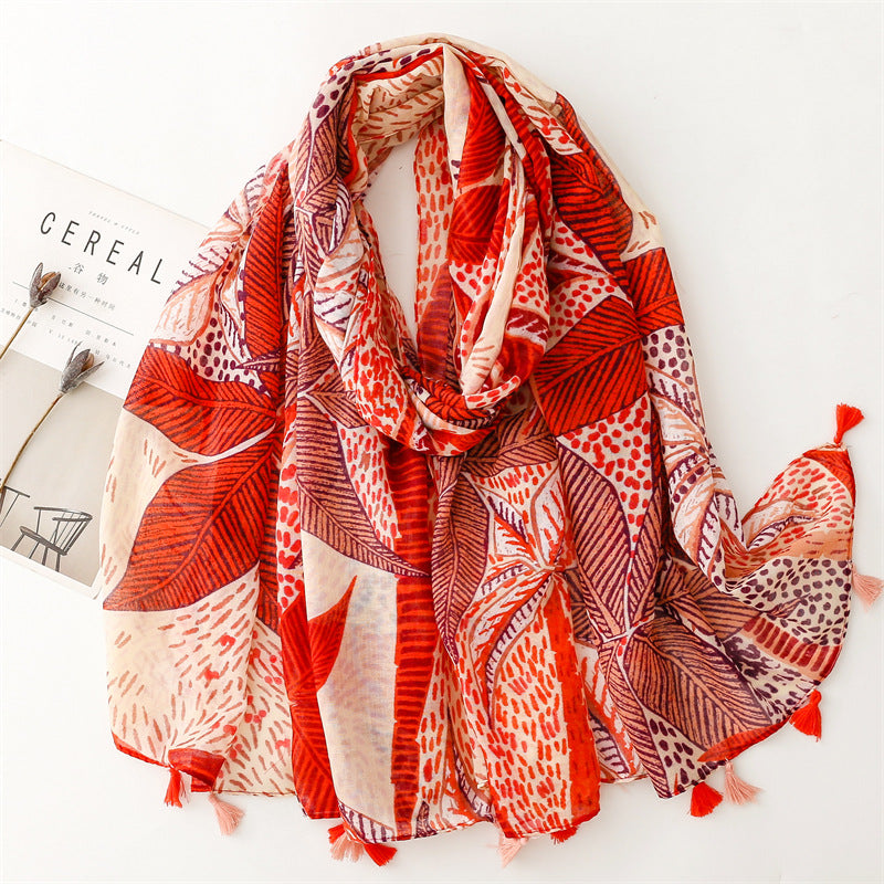 SL2202-009  Women's Ethnic Cotton Linen Feel Scarf with Wheat Ears Tassels