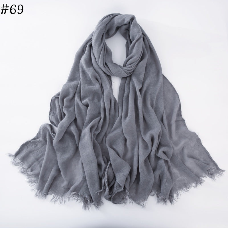 WJA79  Plain natural crinkle cotton hijab with fringes on both ends