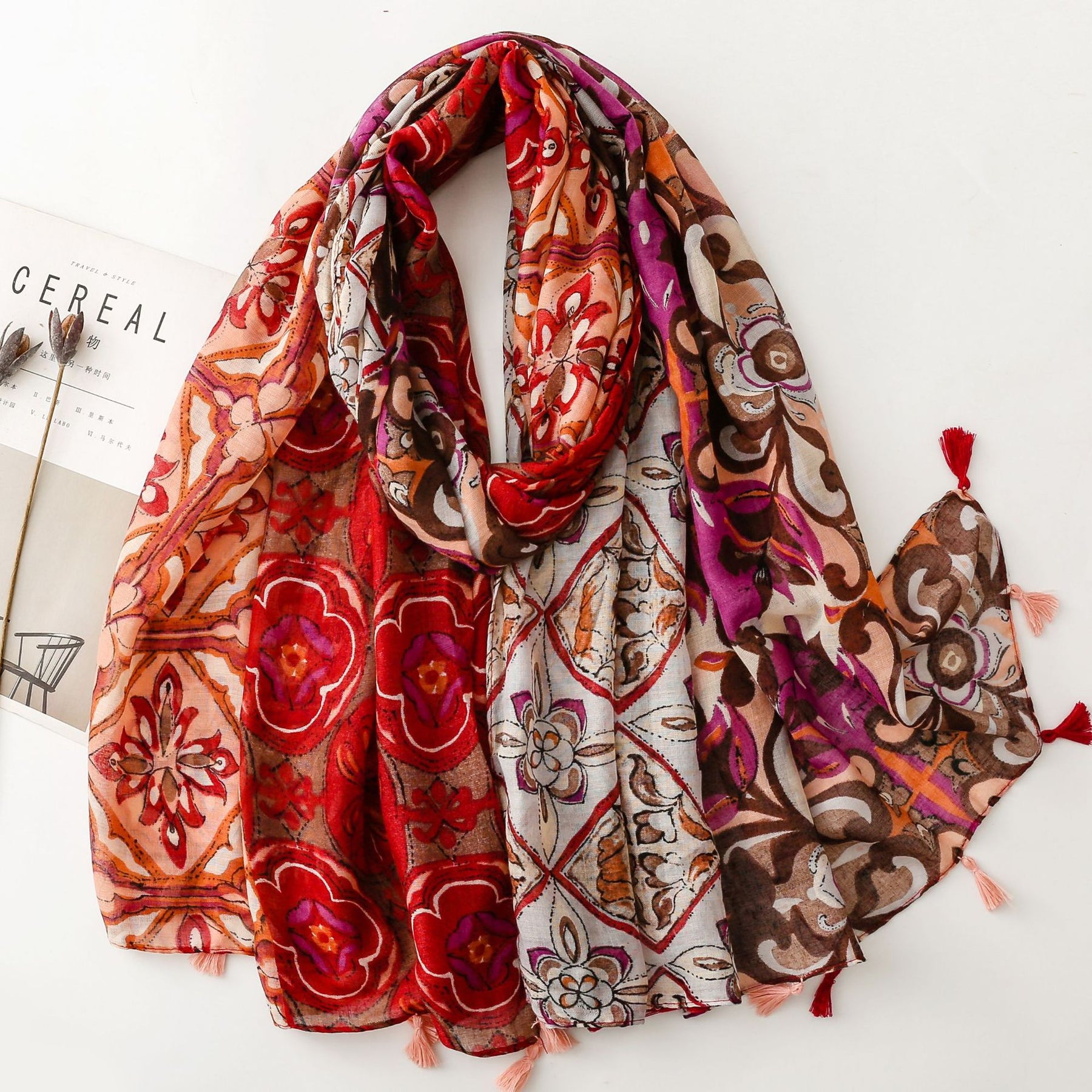 SL2202-009  Women's Ethnic Cotton Linen Feel Scarf with Wheat Ears Tassels