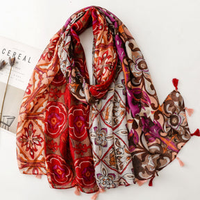 SL2202-009  Women's Ethnic Cotton Linen Feel Scarf with Wheat Ears Tassels