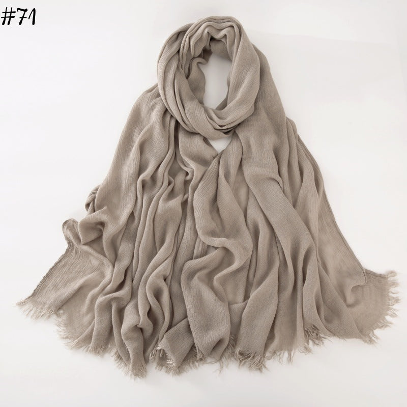WJA79  Plain natural crinkle cotton hijab with fringes on both ends