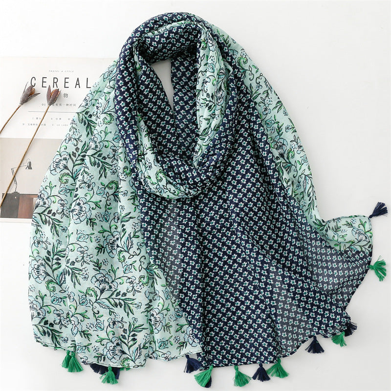 SL2202-009  Women's Ethnic Cotton Linen Feel Scarf with Wheat Ears Tassels