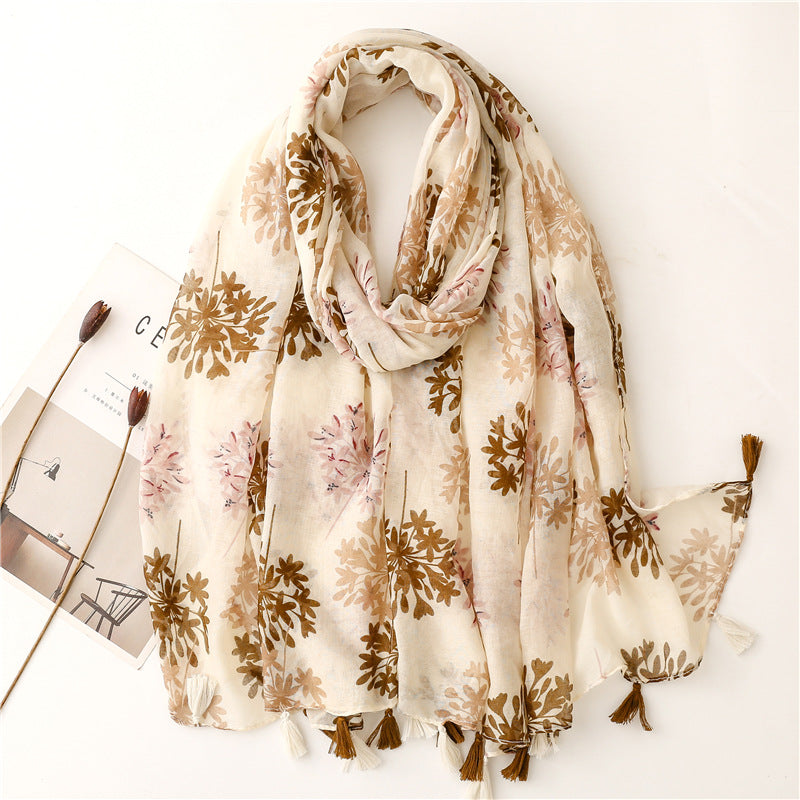 SL2202-009  Women's Ethnic Cotton Linen Feel Scarf with Wheat Ears Tassels