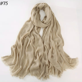 WJA79  Plain natural crinkle cotton hijab with fringes on both ends