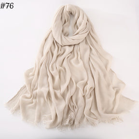 WJA79  Plain natural crinkle cotton hijab with fringes on both ends