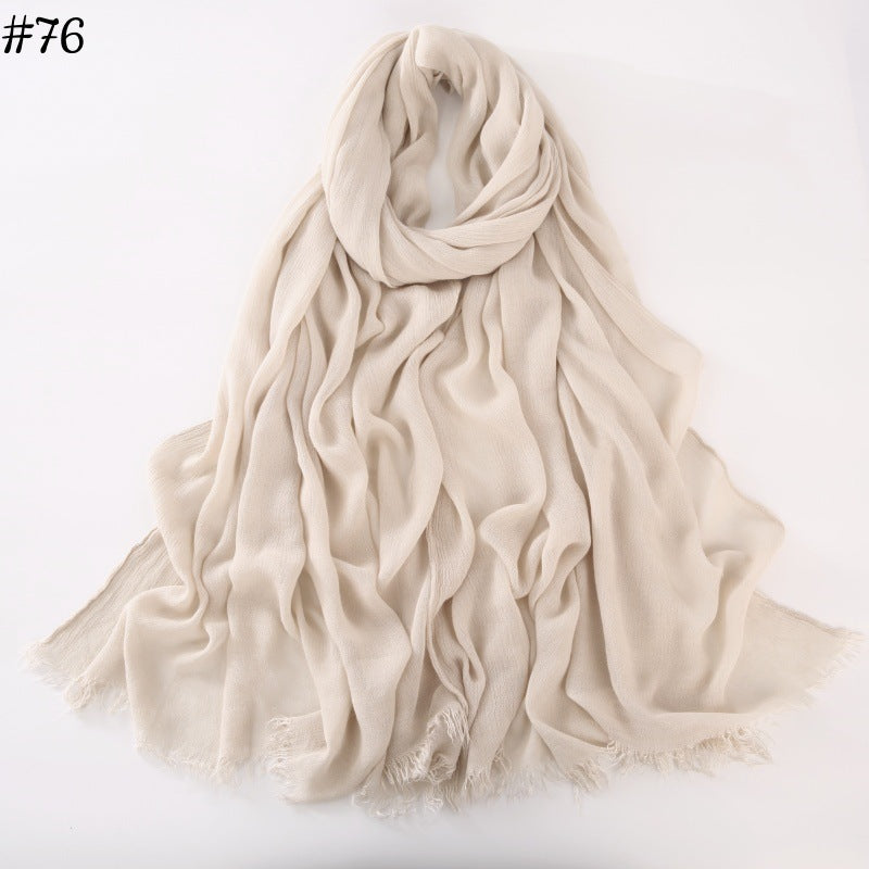 WJA79  Plain natural crinkle cotton hijab with fringes on both ends