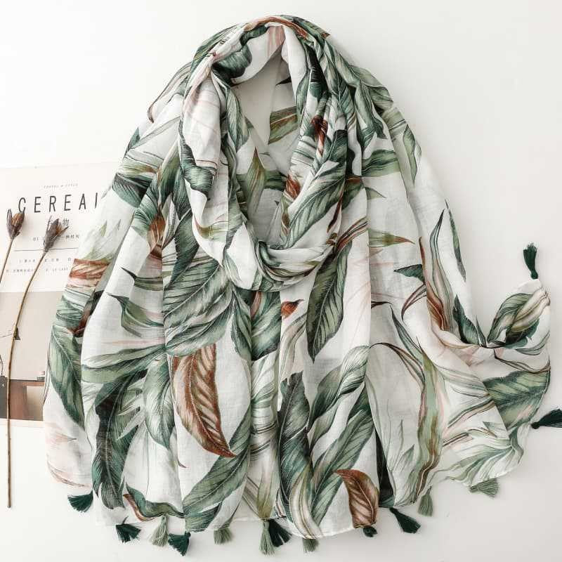 SL2202-009  Women's Ethnic Cotton Linen Feel Scarf with Wheat Ears Tassels