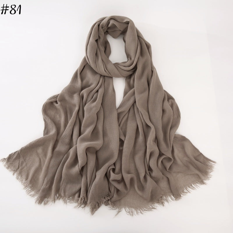 WJA79  Plain natural crinkle cotton hijab with fringes on both ends