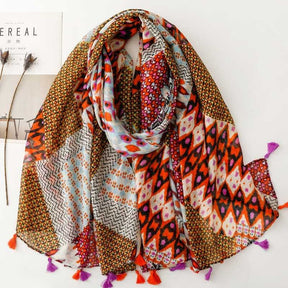 SL2202-009  Women's Ethnic Cotton Linen Feel Scarf with Wheat Ears Tassels
