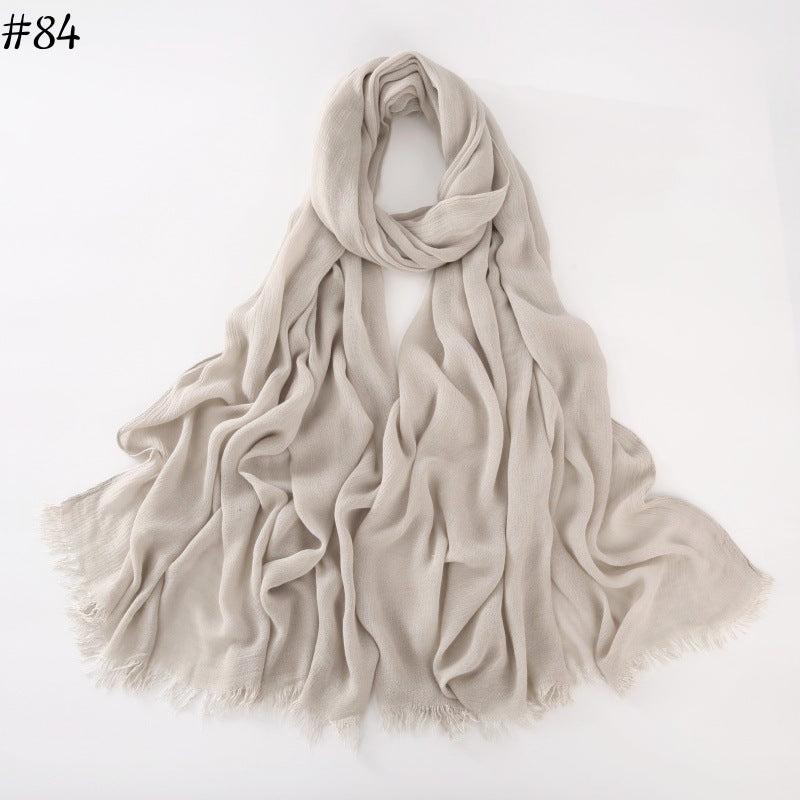 WJA79  Plain natural crinkle cotton hijab with fringes on both ends